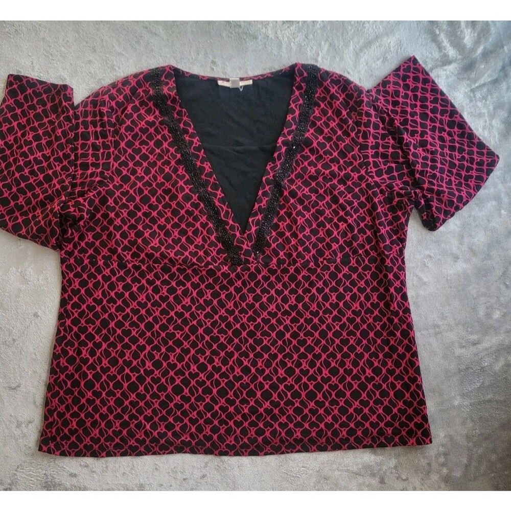M Collection Blouse Women 2X  Pink  Black  Beaded  VNeck Long  Sleeves Strecthes